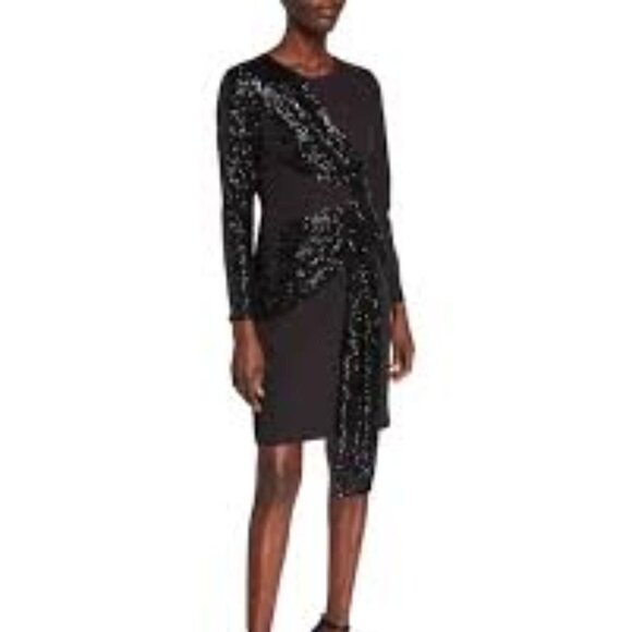 NWT Aidan by Aidan Mattox Sequin Drape Long-sleeve Crepe Sheath Dress Size 2 - Picture 10 of 10